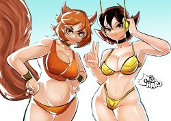 2girls absurdres animal_ears avengers_(series) bikini breasts brown_hair brown_tail green_eyes hands_on_own_hips highres janet_van_dyne large_breasts looking_at_viewer marvel marvel_rivals multiple_girls navel orange_hair short_hair smile sonchapo squirrel_ears squirrel_girl squirrel_girl_(marvel) squirrel_tail swimsuit tail the_avengers:_earth&#039;s_mightiest_heroes! thong_bikini v wasp_(marvel)