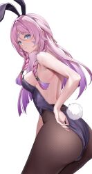 1girl alternate_costume animal_ear_hairband animal_ears armpit_crease ass back bare_shoulders black_pantyhose blue_eyes blush body_markings braid citlali_(genshin_impact) closed_mouth commentary english_commentary facial_mark fake_animal_ears fake_tail forehead_mark from_behind genshin_impact gradient_hair hairband highres leotard looking_at_viewer low_twin_braids lunacle median_furrow multicolored_hair paid_reward_available pantyhose pink_hair purple_hair purple_leotard rabbit_ear_hairband rabbit_ears rabbit_tail sidelocks simple_background solo sweat tail triangle triangle_facial_mark twin_braids white_background