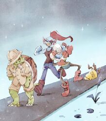 1girl 3boys arm_around_neck barefoot black_tank_top blue_pants blue_skin boots brown_hat brown_shirt brown_shorts clenched_hands closed_eyes colored_skin eyepatch fins full_body furry furry_male gerson gloves green_skin hat head_fins highres monster_kid_(undertale) multiple_boys one_eye_covered open_mouth pants papyrus_(undertale) red_boots red_gloves red_hair shirt shorts smile tank_top tripping turtle_boy undertale undyne walking zunda_e_damame