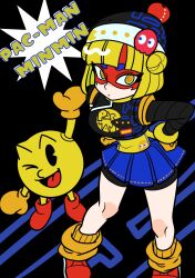 1boy 1girl @_@ arms_(game) beanie bike_shorts blonde_hair blue_skirt bob_cut dancho_no_mori eye_mask from_above hands_on_own_hips hat min_min_(arms) pac-man pac-man_(game) red_shoes shoes short_hair skirt socks yellow_eyes yellow_socks