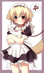 &gt;:( 1girl 2000s_(style) absurdres alternate_costume anger_vein animal_collar animal_ears annoyed apron belt belt_collar black_dress blonde_hair blush border closed_mouth collar commentary cowboy_shot crossed_arms dog_ears dog_girl dog_tail dress embarrassed english_commentary frilled_apron frilled_dress frills highres higurashi_no_naku_koro_ni houjou_satoko kemonomimi_mode leash maid_headdress purple_border red_belt satokocel short_hair short_sleeves simple_background solo spoken_anger_vein tail twitter_username v-shaped_eyebrows white_apron white_background