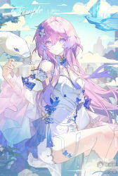 1girl bird blue_bird bright_pupils closed_mouth highres light_smile long_hair looking_at_viewer miximixi original pink_hair purple_eyes sample_watermark sitting snake solo thighs watermark white_pupils white_snake