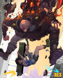 1boy 1girl absurdres aiming black_skirt blood blood_on_face blue_tube_top boots burning cityscape copyright_name fire g3demon highres jill_valentine miniskirt nemesis_(resident_evil) resident_evil resident_evil_3:_nemesis rocket_launcher signature skirt stitched_face stitches strapless torn_clothes tube_top weapon
