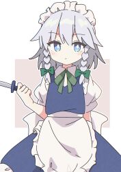 1girl absurdres apron arm_behind_back black201_wav blue_eyes bow bowtie braid closed_mouth green_bow green_bowtie grey_hair hair_bow highres holding holding_knife izayoi_sakuya knife long_hair looking_at_viewer maid maid_headdress puffy_short_sleeves puffy_sleeves short_sleeves solo touhou twin_braids waist_apron white_apron