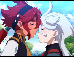 2girls asticassia_school_uniform black_hairband blue_sky blush closed_eyes closed_mouth cloud commentary_request dark-skinned_female dark_skin day green_jacket gundam gundam_suisei_no_majo hairband jacket kimaguro_box letterboxed long_hair miorine_rembran multiple_girls outdoors ponytail puckered_lips red_hair school_uniform sky suletta_mercury upper_body white_hair white_jacket yuri