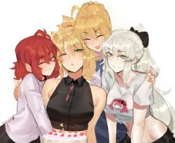 Rule 34 | 4girls, :o, absurdres, ahoge, artoria pendragon (fate), baobhan sith (fate), birthday, birthday cake, blonde hair, blue eyes, breasts, cake, closed eyes, crop top, deccatezu, fate/grand order, fate (series), food, fujimaru ritsuka (female), green eyes, hand on another&#039;s shoulder, highres, looking at viewer, mordred (fate), morgan le fay (fate), multiple girls, one eye closed, open mouth, ponytail, saber (fate), shirt, side ponytail, sidelocks, smile, tied shirt, white background, white hair, white shirt