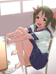 1girl bare_legs barefoot blue_sailor_collar blue_skirt blush bow breasts brown_eyes brown_hair chair classroom desk dot_nose feet feet_on_chair from_above from_side hair_bow hair_ribbon hands_up idolmaster idolmaster_cinderella_girls idolmaster_cinderella_girls_starlight_stage imai_kana indoors interlocked_fingers kawaty knees_up legs light_particles looking_at_viewer looking_up medium_breasts neckerchief on_chair open_mouth pleated_skirt red_neckerchief red_ribbon ribbon sailor_collar school_chair school_desk school_uniform serafuku shirt shoes short_sleeves sitting skirt smile socks solo teeth toenails toes twintails unworn_shoes unworn_socks upper_teeth_only uwabaki white_shirt white_socks