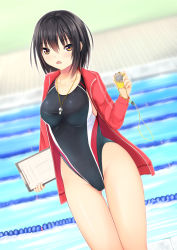 1girl black_hair blush breasts clipboard competition_swimsuit d: female_focus highres jacket kurokami_(kurokaminohito) lane_line looking_at_viewer one-piece_swimsuit open_clothes open_jacket open_mouth original poolside short_hair solo standing stopwatch swimsuit track_jacket watch yellow_eyes