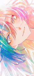 1girl absurdres brown_eyes close-up closed_mouth commentary commentary_request gradient_hair hair_between_eyes highres idolmaster idolmaster_shiny_colors light_smile lipstick long_hair looking_at_viewer makeup multicolored_hair paddy_field shirase_sakuya sideways simple_background solo swept_bangs symbol-only_commentary white_background