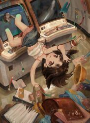 1girl @_@ absurdres animal_ears arcade backpack bag brown_eyes brown_hair camisole doubutsunoujyou highres indoors miniskirt original rabbit_girl randoseru short_hair skirt solo