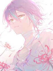 Rule 34 | 1boy, aqua hair, bandages, closed mouth, commentary, double-parted bangs, dutch angle, falling petals, flower, gag1tdiucvpteok, hair between eyes, hashtag-only commentary, highres, kamishiro rui, light smile, male focus, multicolored hair, petals, project sekai, purple hair, red flower, shirt, solo, spider lily, streaked hair, upper body, white background, white shirt, yellow eyes