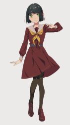 1girl black_hair blunt_bangs blunt_ends bob_cut brown_dress brown_shoes closed_mouth commentary dress flower flower_knot full_body hair_flower hair_ornament hasu_no_sora_school_uniform link!_like!_love_live! loafers long_sleeves looking_at_viewer love_live! medium_dress momose_ginko neckerchief pleated_dress sailor_collar school_uniform shoes short_hair smile solo split_mouth virtual_youtuber white_flower white_sailor_collar yellow_neckerchief zen66574227