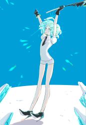 Rule 34 | 1other, androgynous, antarcticite, antarcticite (cosplay), aqua eyes, aqua hair, arms up, bare legs, black footwear, black gloves, black necktie, blue background, blue sky, clear sky, closed mouth, cosplay, crystal, crystal hair, full body, gem uniform (houseki no kuni), gloves, high heels, highres, holding, holding weapon, houseki no kuni, looking at viewer, necktie, nukumorineko, other focus, outdoors, phosphophyllite, puffy short sleeves, puffy sleeves, shoe soles, short hair, short sleeves, sky, smile, snow, solo, standing, stiletto heels, two-sided fabric, weapon, winter