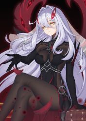 1girl absurdres black_dress bodystocking breasts closed_mouth cowlick crossed_legs dress eye_hair_ornament eye_symbol eyes_on_wings genshin_impact hair_between_eyes hair_intakes hair_ornament highres long_hair ronova_(genshin_impact) sasaki3rd side_ahoge solo symbol-shaped_pupils very_long_hair white_hair wings yellow_eyes