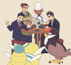 3boys apron batabiru bird black_footwear black_hair black_pants black_suit blue_necktie brown_hair chair collared_shirt cook_(pokemon) dudunsparce dudunsparce_(two-segment) earrings facial_hair film_grain food formal_clothes gen_2_pokemon gen_4_pokemon gen_7_pokemon green_apron green_shirt grey_hair hair_bun hand_on_own_chin highres jacket jewelry komala lapel_pin larry_(pokemon) long_sleeves male_focus multicolored_hair multiple_boys necktie nintendo pants patissier pokemon pokemon_(creature) pokemon_sv shirt short_hair single_hair_bun sitting smile staraptor streaked_hair suit suit_jacket thick_eyebrows two-tone_hair waiter_(pokemon)
