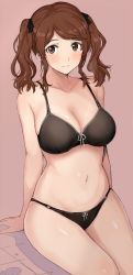 1girl amagami arm_support bikini black_bikini blush breasts brown_hair cleavage collarbone curvy feet_out_of_frame hair_ribbon large_breasts light_smile looking_at_viewer mobu nakata_sae navel ribbon simple_background sitting skindentation solo swept_bangs swimsuit twintails