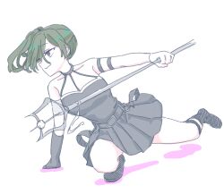 1girl absurdres bare_shoulders black_boots black_dress black_gloves boots breasts closed_mouth collarbone colored_shadow dress eyes_visible_through_hair gloves green_hair hair_over_one_eye highres holding pleated_dress purple_eyes seila_rei shadow side_ponytail simple_background small_breasts smile solo sousou_no_frieren thigh_strap ubel_(sousou_no_frieren) white_background