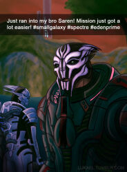 2boys alien english_text looking_at_viewer looking_back mass_effect_(series) multiple_boys nihlus_kryik saren_arterius tumblr turian