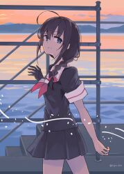 1girl black_gloves black_serafuku black_shirt black_skirt braid cloud cowboy_shot gloves highres kantai_collection neckerchief ocean orange_sky pleated_skirt railing red_neckerchief sailor_collar sailor_shirt school_uniform serafuku shigure_(kancolle) shirt single_braid single_glove skirt sky solo stairs sugue_tettou sunset water waving white_sailor_collar