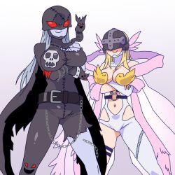 2girls angel angewomon chain crossed_arms demon_girl digimon digimon_(creature) gerusyu gloves highres ladydevimon leather multiple_girls white_background