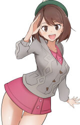 1girl :d brown_eyes brown_hair buttons cardigan collared_dress commentary_request cowboy_shot dress gloria_(pokemon) green_hat grey_cardigan hand_up happy hat highres hood hood_down hooded_cardigan looking_at_viewer nintendo open_mouth pink_dress pokemon pokemon_swsh simple_background smile solo tam_o&#039;_shanter teeth tongue upper_teeth_only vanishingknife white_background
