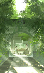 1boy 1girl architecture black_hair brown_skirt calligraphy_brush chair chinese_clothes chinese_commentary commentary_request east_asian_architecture foliage green_skirt green_theme hanfu highres holding holding_calligraphy_brush holding_paintbrush ibuki_satsuki jiaoling_ruqun light_particles moon_gate original paintbrush round_door sitting skirt sunlight wide_shot