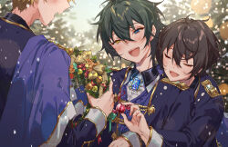Rule 34 | 3boys, black hair, blonde hair, blue eyes, candy, closed eyes, ensemble stars!, food, hair between eyes, heterochromia, holding, holding candy, holding food, kagehira mika, long sleeves, looking at viewer, male focus, multiple boys, narukami arashi, open mouth, sakuma ritsu, short hair, teeth, upper teeth only, yellow eyes, yutsumoe
