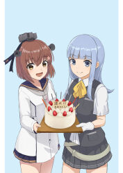 2girls black_sailor_collar blue_background blue_eyes blue_hair brown_eyes brown_hair cake cherry_blossoms collared_shirt dress dress_shirt flipped_hair flower food gloves grey_neckerchief grey_necktie grey_skirt grey_vest hair_flower hair_ornament hair_ribbon hatsukaze_(kancolle) headgear highres kantai_collection long_hair long_sleeves multiple_girls neckerchief necktie ribbon sailor_collar sailor_dress shirt short_hair skirt smile speaking_tube_headset vest white_dress white_gloves white_shirt yellow_ribbon yuki_4040 yukikaze_(kancolle) yukikaze_kai_ni_(kancolle)