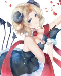 1girl black_dress black_gloves blonde_hair blue_eyes breasts cleavage closed_mouth demon_girl demon_horns demon_tail dress falling_petals from_side fur-trimmed_dress fur_trim gloves highres horns large_breasts looking_at_viewer medium_hair multiple_tails petals provato_pecora_aries sheep_horns simple_background slime_taoshite_300_nen_shiranai_uchi_ni_level_max_ni_nattemashita smile solo suterisu tail white_background