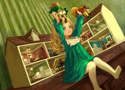 1girl :o absurdres arms_up blonde_hair child collared_dress commentary_request doll doll_house drawer dress foot_out_of_frame green_dress green_eyes highres holding holding_doll indoors long_hair long_sleeves mini_person minigirl no_shoes open_mouth original pantyhose playing sero3eta sitting solo striped_wall white_pantyhose