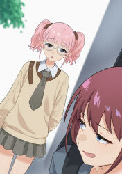 2girls absurdres blue_eyes brown_hair brown_sweater collared_shirt commentary dress_shirt english_commentary girls_band_cry glasses grey_eyes grey_necktie grey_skirt highres hina_(girls_band_cry) iseri_nina multiple_girls necktie pink_hair pleated_skirt shirt short_twintails skirt summer_left sweatdrop sweater twintails white_shirt