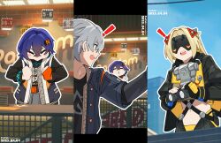 &gt;_&lt; 1boy 2girls absurdres belle_(zenless_zone_zero) binoculars black_blindfold black_jacket black_pants black_shirt black_shrug blindfold blonde_hair blue_hair brother_and_sister camouflage camouflage_jacket camouflage_pants green_eyes hair_ornament highres holding holding_binoculars jacket latex_pants long_hair mochusama multiple_girls open_clothes open_jacket open_mouth pants runny_nose shirt short_hair shrug_(clothing) siblings snot triangle_hair_ornament trigger_(zenless_zone_zero) white_hair wise_(zenless_zone_zero) zenless_zone_zero