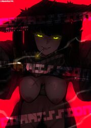 1girl absurdres ajirogasa artist_name black_hair bob_cut breasts breasts_out chen-corp cigarette commentary conical_hat english_commentary english_text female_pubic_hair grey_scarf hat heishou_pack-mao_branch_(identity)_(project_moon) highres inverted_nipples limbus_company looking_at_viewer medium_breasts mole mole_on_breast navel nipples open_mouth project_moon pubic_hair red_background rice_hat ryoshu_(project_moon) scar scar_on_chest scar_on_stomach scarf short_hair simple_background smile smoke smoke_trail smoking solo yellow_eyes