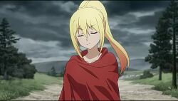1girl animated blonde_hair cape closed_eyes cloud cloudy_sky darkness_(konosuba) dimples_of_venus forest kono_subarashii_sekai_ni_shukufuku_wo! nature one-piece_swimsuit ponytail ponytail_with_braided_base removing_cape sky solo sparkle swimsuit swimsuit_under_clothes tree video