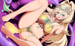 1girl armlet bare_shoulders barefoot belly_chain blonde_hair breasts chain choker cleavage commentary curtains dutch_angle earrings english_commentary fang feet fingernails full_body goddess_of_victory:_nikke gold_chain gold_nails gold_tiara green_eyes groin gyaru hand_up jewelry knee_up large_breasts legs long_hair looking_at_viewer midriff nail_polish navel navel_piercing necklace o-ring o-ring_top official_alternate_costume oil_lamp pelvic_curtain piercing ponytail revenantart rupee_(desert_jewel) rupee_(nikke) see-through_cleavage see-through_clothes see-through_shirt shirt sitting smoke solo sparkle strapless thigh_strap tiara toenail_polish toenails toes underboob very_long_hair