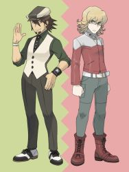 2boys barnaby_brooks_jr. belt blonde_hair boots bracelet brown_hair newsboy_cap enmto facial_hair full_body glasses hat jacket jewelry kaburagi_t._kotetsu male_focus multiple_boys necklace necktie nintendo parody pokemon red_jacket ring short_hair simple_background stubble studded_belt style_parody tiger_&amp;_bunny vest waistcoat watch wedding_band wedding_ring wristwatch
