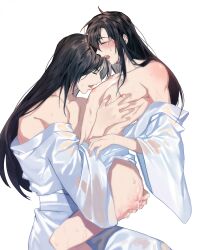 Rule 34 | 2boys, alternate costume, alternate hairstyle, anal, anal fingering, androgynous, ass, bare shoulders, bathrobe, bishounen, black hair, blush, chinese clothes, closed eyes, clothes down, collarbone, cum, cum in ass, cum on ass, cum on body, cum on male, fingering, from side, grabbing another&#039;s ass, groping, hair down, hand on another&#039;s ass, hand on another&#039;s chest, hanfu, highres, jujeop, lan wangji, long hair, male focus, modao zushi, multiple boys, nipples, off shoulder, open clothes, open mouth, open robe, pectoral grab, pectorals, profile, robe, robe partially removed, saliva, see-through clothes, sidelocks, simple background, sitting, sweat, teeth, tongue, trap, wei wuxian, wet, wet clothes, white background, white robe, wide sleeves, yaoi