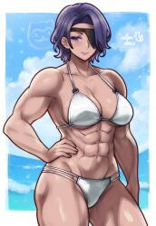 1girl abs amalia_(unicorn_overlord) breasts cleavage cowboy_shot day eyepatch eyeshadow hand_on_own_hip highres large_breasts makeup muscular muscular_female outdoors purple_eyes purple_eyeshadow purple_hair purple_lips rotomdocs short_hair solo sommie_(fire_emblem) unicorn_overlord