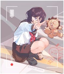 1boy 1girl alternate_costume artist_name battery_indicator black_hair black_sailor_collar black_shoes black_skirt black_socks bleach chappy commentary covered_mouth crosswalk educ_draws english_commentary full_body hair_between_eyes highres kon_(bleach) kuchiki_rukia long_sleeves looking_at_viewer medium_hair neckerchief pleated_skirt purple_eyes recording red_neckerchief sailor_collar school_uniform serafuku shadow shirt shoes skirt socks squatting stuffed_animal stuffed_lion stuffed_toy v viewfinder white_shirt