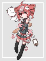 1girl :t ahoge alarm_clock baguette bandages bandaid bandaid_on_hair bare_shoulders black_boots black_skirt black_sleeves black_thighhighs blush boots bottle bread buttons clock collared_shirt dame_ningen_da_(utau) detached_sleeves drill_hair food full_body grey_background hair_between_eyes highres holding_own_arm kasane_teto long_sleeves number_tattoo over-kneehighs paper pleated_skirt pout red_eyes red_hair red_tattoo shirt shoulder_tattoo simple_background skirt skirt_set sleeveless sleeveless_shirt solo tattoo thigh_boots thighhighs twin_drills umihotaru utau