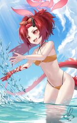 1girl awa_(awao141) bangs_pinned_back bare_arms bare_shoulders bikini blue_archive dragon_girl dragon_horns dragon_tail hairband highres horns looking_ahead navel ocean orange_hairband partially_submerged ponytail red_eyes red_hair renge_(blue_archive) renge_(swimsuit)_(blue_archive) single_horn solo splashing stomach swimsuit tail yellow_bikini