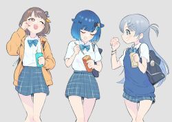 Rule 34 | 3girls, alternate costume, bag, blue bow, blue bowtie, blue eyes, blue hair, blue skirt, blue sweater vest, bow, bowtie, brown eyes, brown hair, collared shirt, cowboy shot, dress shirt, drinking straw, gradient hair, grey background, grey hair, hair flaps, hair ornament, hairclip, highres, hood, hood down, hoodie, juice box, laughing, looking at another, miniskirt, multicolored hair, multiple girls, niboshidrip, one eye closed, orange hoodie, plaid clothes, plaid skirt, pleated skirt, school bag, school uniform, sendo yuuhi, shirt, short hair, short sleeves, shoulder bag, simple background, skirt, smile, streaked hair, sweater vest, tsumugi kokage, two-tone background, two-tone hair, virtual youtuber, vspo!, white shirt, yano kuromu