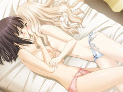 2girls bed black_hair blonde_hair blush breasts flat_chest game_cg green_eyes kawamura_reo kiss lingerie loli long_hair lowleg lowleg_panties multiple_girls nipples nipples_touching panties peko red_eyes sawaguchi_mai side-tie_panties sono_hanabira_ni_kuchizuke_wo topless_female underwear yuri