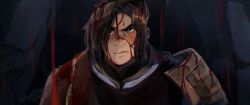 1boy armor black_robe blood blood_in_hair blood_on_armor blood_on_clothes blood_on_face blush bright_pupils brown_eyes brown_hair chinese_armor chinese_clothes cloak commentary eyes_of_nine feng_xin freckles glaring hair_bun highres looking_at_viewer male_focus medium_hair parted_lips pauldrons portrait raining_blood red_cloak robe shoulder_armor solo tianguan_cifu underground v-shaped_eyebrows white_pupils
