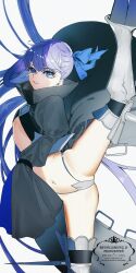 Rule 34 | 1girl, armored boots, black jacket, blue eyes, blue ribbon, blush, boots, breasts, cropped jacket, crotch plate, fate/grand order, fate (series), hair ribbon, highres, jacket, kabosoi mangaka, leg up, long hair, long sleeves, looking at viewer, meltryllis (fate), navel, parted lips, prosthesis, prosthetic leg, purple hair, ribbon, sleeves past fingers, sleeves past wrists, small breasts, solo, very long hair