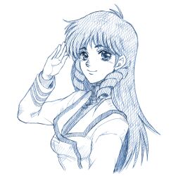 Rule 34 | 1girl, long hair, lynn minmay, macross, military uniform, monochrome, rakshasa (artist), salute, simple background, smile, solo, white background