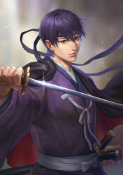 1boy alternate_costume belt black_cape blurry blurry_background cape closed_mouth commentary_request glint green_eyes hair_between_eyes hand_up headband holding holding_sheath holding_sword holding_weapon japanese_clothes katana kenmochi_touya kimono lips long_bangs looking_at_viewer male_focus multiple_swords nijisanji oyu_(b_47p) print_kimono purple_hair purple_headband purple_kimono red_cape sheath sheathed short_hair smile sword three_quarter_view two-sided_cape two-sided_fabric unmoving_pattern unsheathed upper_body very_short_hair virtual_youtuber weapon white_belt
