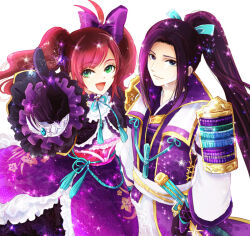 Rule 34 | akechi mitsuhide (sengoku musou), armor, black hair, blue eyes, bracelet, collar, father and daughter, feather hair ornament, frilled collar, frilled skirt, frills, gloves, green eyes, hair ornament, hair ribbon, hosokawa gracia, japanese clothes, jewelry, katana, kimono, long hair, nashinomiya, obi, parted bangs, pointing, ponytail, red hair, ribbon, sash, sengoku musou, skirt, smile, sparkle, sword, twintails, weapon