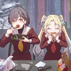 2girls blonde_hair blue_hair brown_dress burger chopsticks commentary curtained_hair dress eating flower food gradient_hair grey_hair gyuudon hair_flower hair_ornament hasu_no_sora_school_uniform highres holding holding_burger holding_chopsticks holding_food holding_with_chopsticks in-universe_location indoors katsuragi_izumi lao_ren_xing link!_like!_love_live! long_hair long_sleeves love_live! microphone multicolored_hair multiple_girls neckerchief open_mouth orange_eyes osawa_rurino parted_bangs pink_flower pleated_dress red_neckerchief sailor_collar sailor_dress school_uniform sitting slit_pupils teeth triangle_hair_ornament twintails virtual_youtuber white_sailor_collar winter_uniform wolf_cut yellow_neckerchief