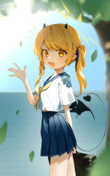 Rule 34 | 1girl, absurdres, alternate costume, asymmetrical hair, bag, black horns, black tail, black wings, blonde hair, blue archive, blue sailor collar, blue skirt, blurry, blurry background, breasts, commentary request, cropped shirt, demon girl, demon horns, demon tail, demon wings, halo, highres, holding, holding bag, horns, ibuki (blue archive), long hair, midriff peek, miniskirt, neckerchief, open mouth, pleated skirt, pointy ears, sailor collar, sailor shirt, school uniform, shirt, short sleeves, side ponytail, skirt, small breasts, solo, syuerito 99, tail, waving, white shirt, wings, yellow eyes, yellow halo, yellow neckerchief